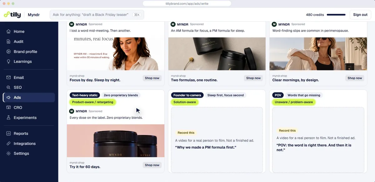 A set of Meta ads for one product, each a different format, with customer words in the copy