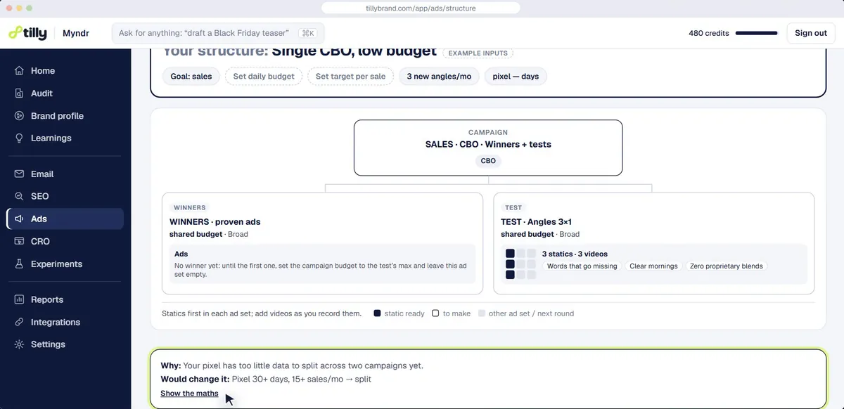 A Meta campaign structure worked out from the store’s numbers, with proven ads and tests in one campaign