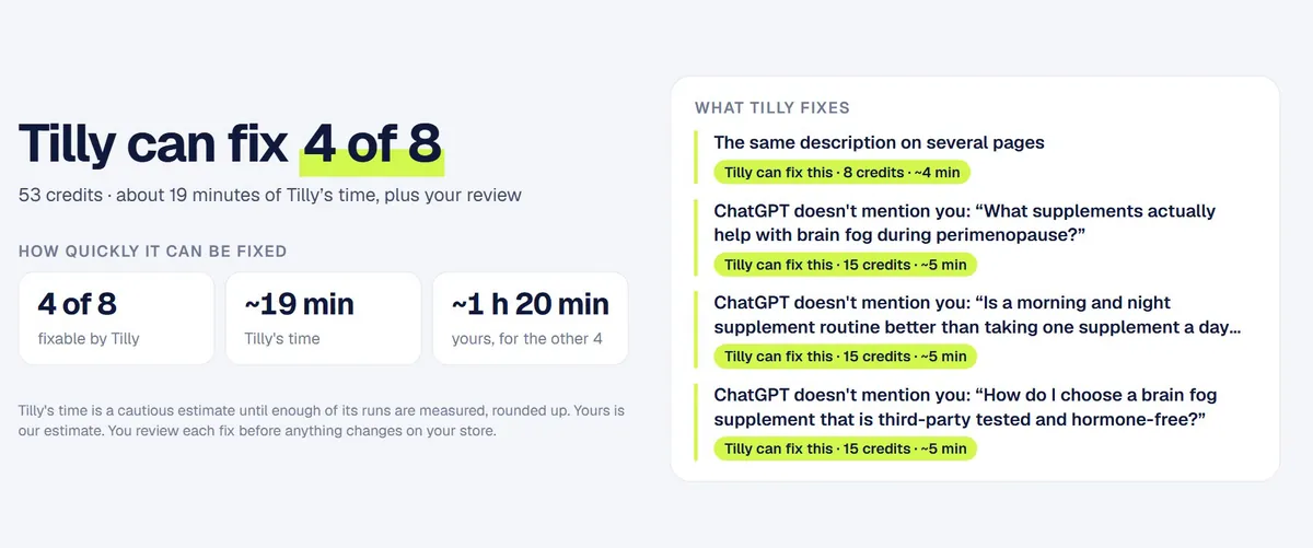 What Tilly can fix from an audit, with the credits and minutes each fix takes