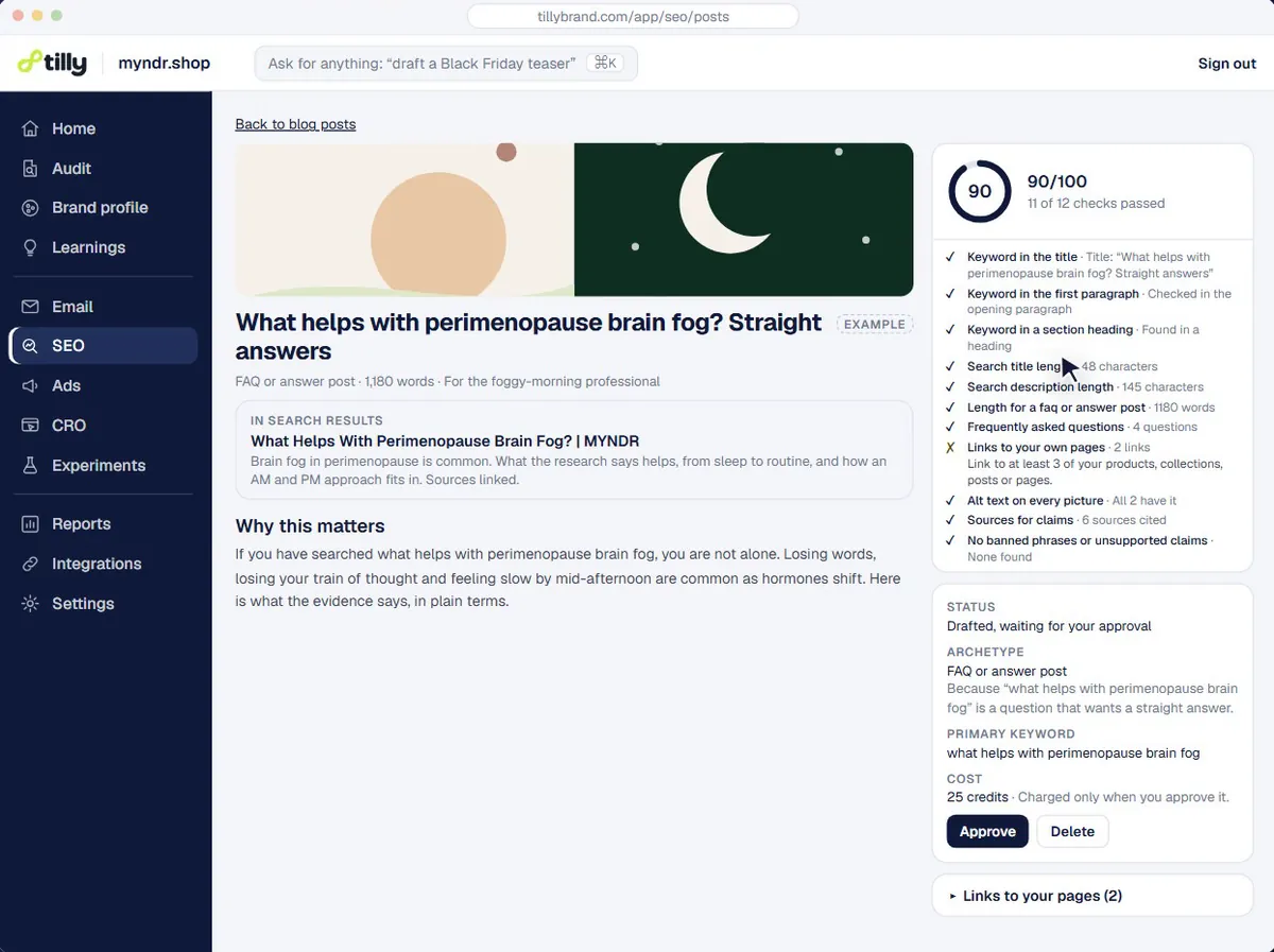 A blog post with its links to the store’s own pages listed and checked