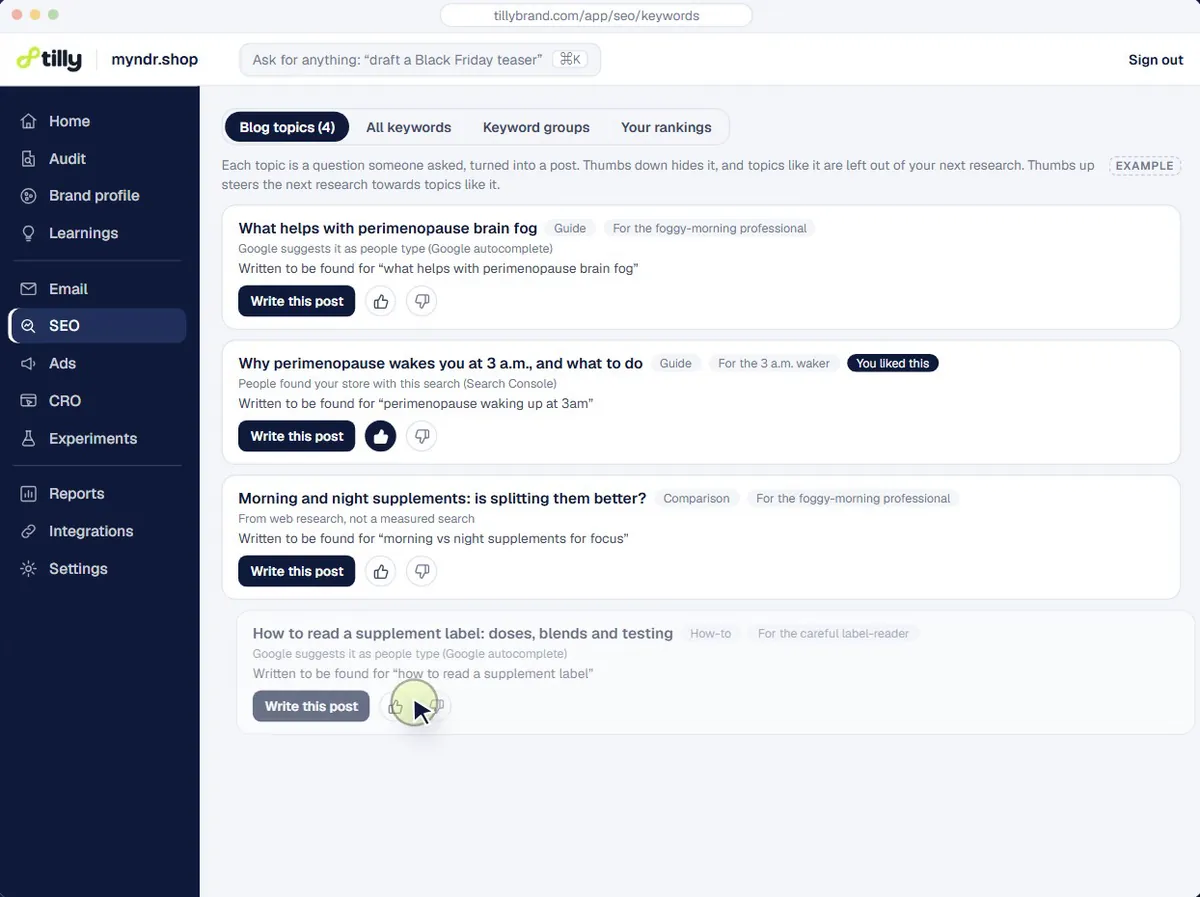 Blog topics from keyword research, each one a question a customer asks, with a Write this post button