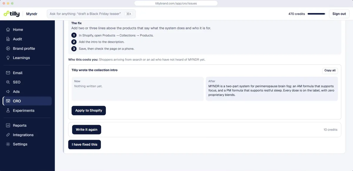A collection description written by Tilly, ready to apply to Shopify