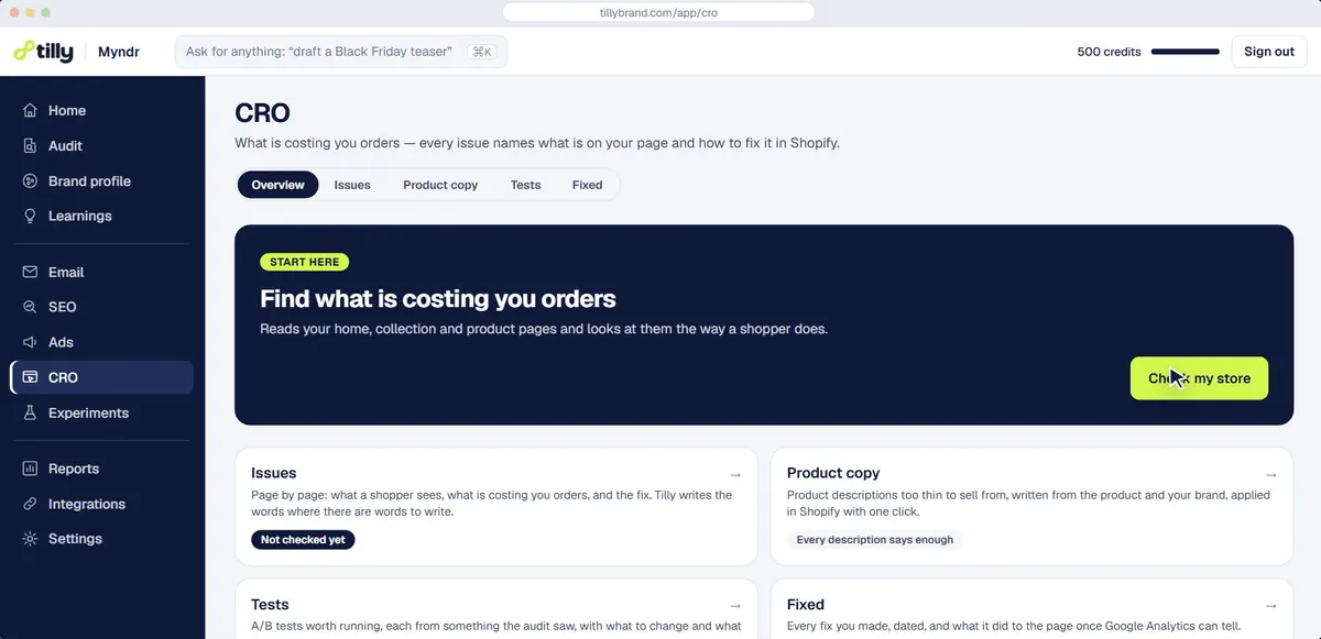 The CRO hub: issues, product copy, tests and fixes, starting with a check of the store