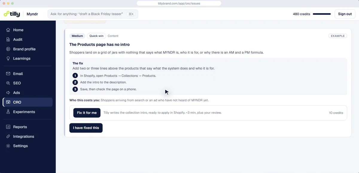 A Shopify product page finding from Tilly’s CRO agent: what a shopper sees, who it costs and the fix