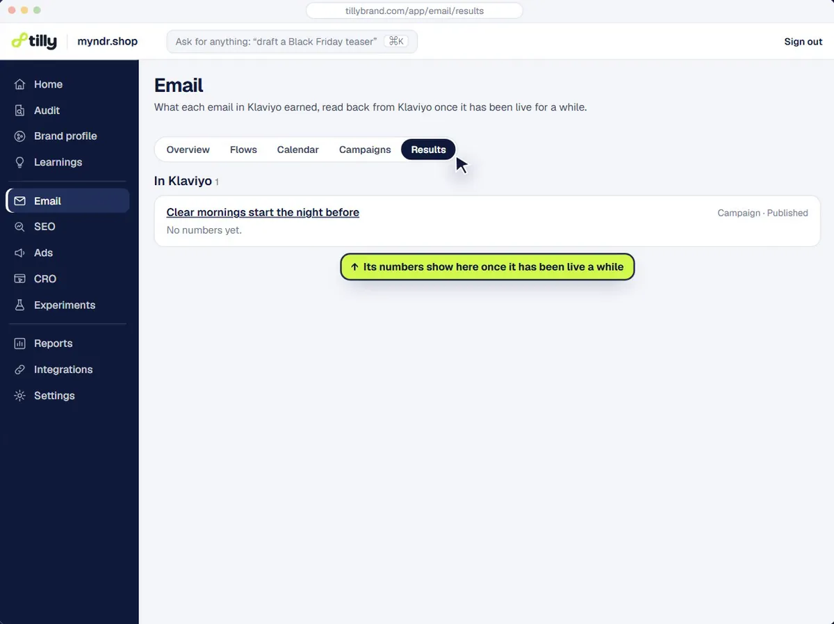 Email results in Tilly: what each email in Klaviyo earned, read back from Klaviyo