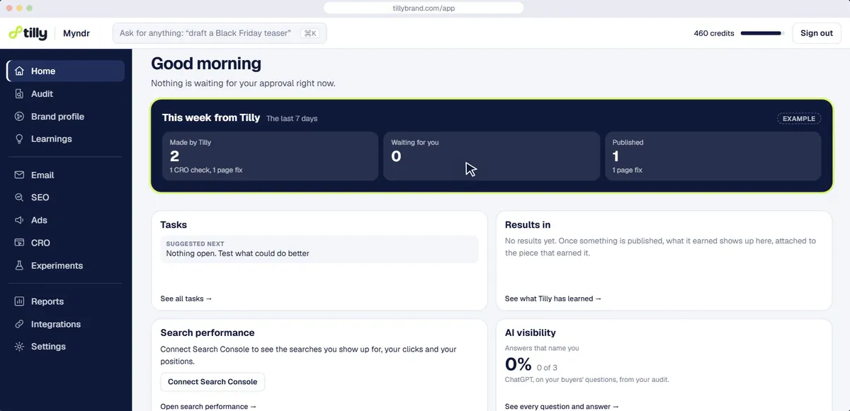 Tilly’s home screen: this week’s work, tasks waiting for approval, results and search performance