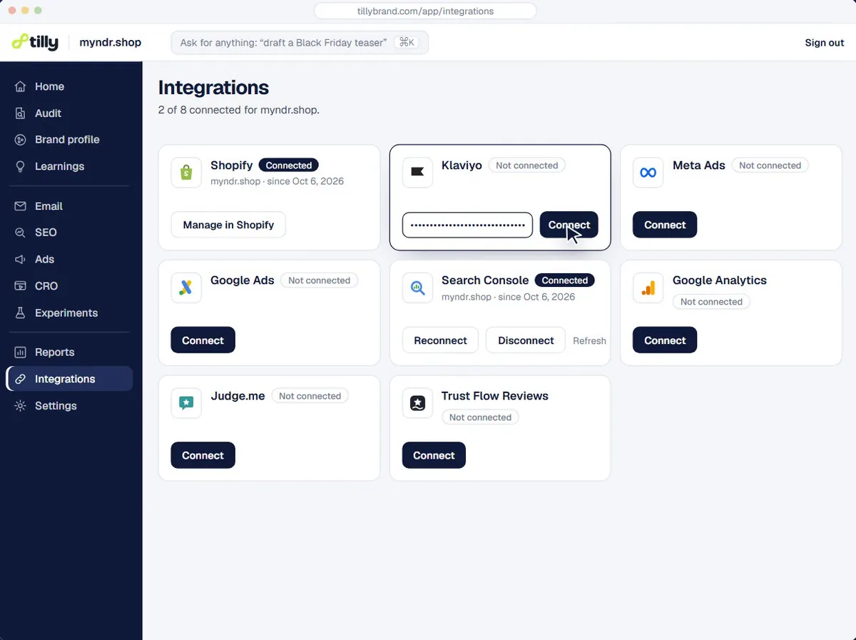 Tilly’s integrations, where Klaviyo is connected for email next to Shopify