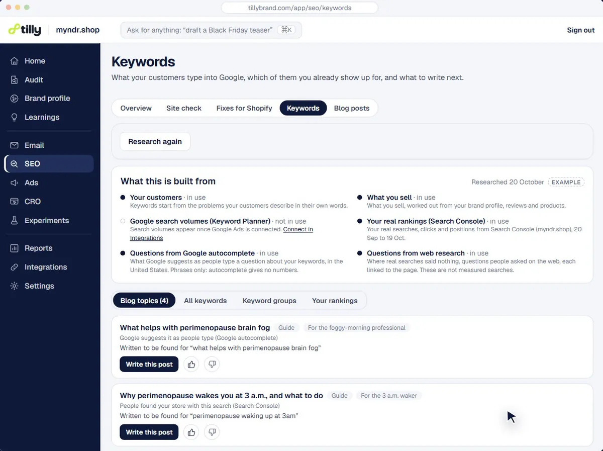 Keyword research built from the store's customers, Search Console and Google's own suggestions