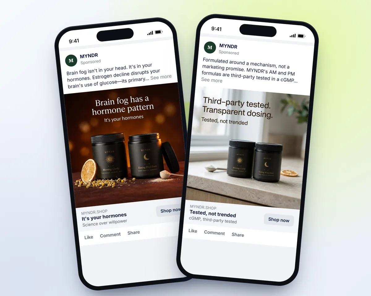 Two ads from one Myndr Meta set written by Tilly, each a different angle with its own picture, on phones