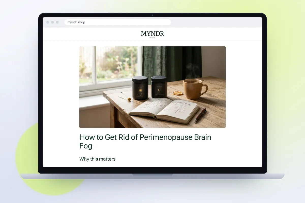 Myndr's blog post "How to Get Rid of Perimenopause Brain Fog", written by Tilly, on a laptop