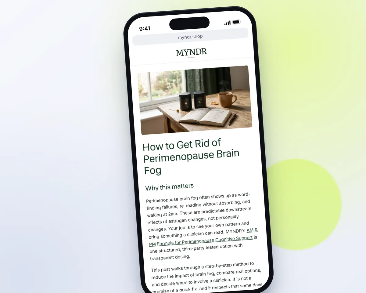 Myndr's blog post "How to Get Rid of Perimenopause Brain Fog", written by Tilly, open on a phone