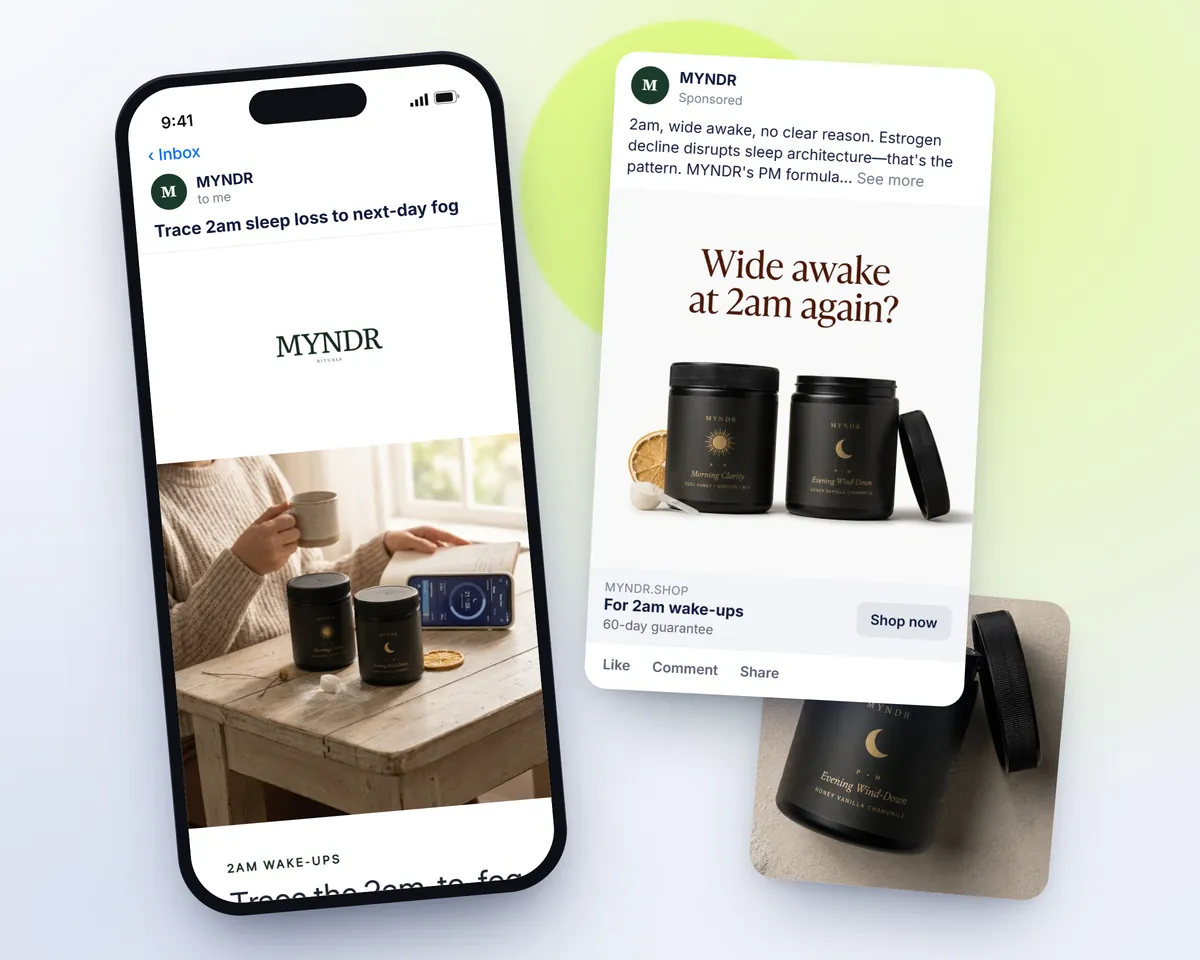 What Tilly made for Myndr: a campaign email on a phone, a Meta ad and its PM formula jar