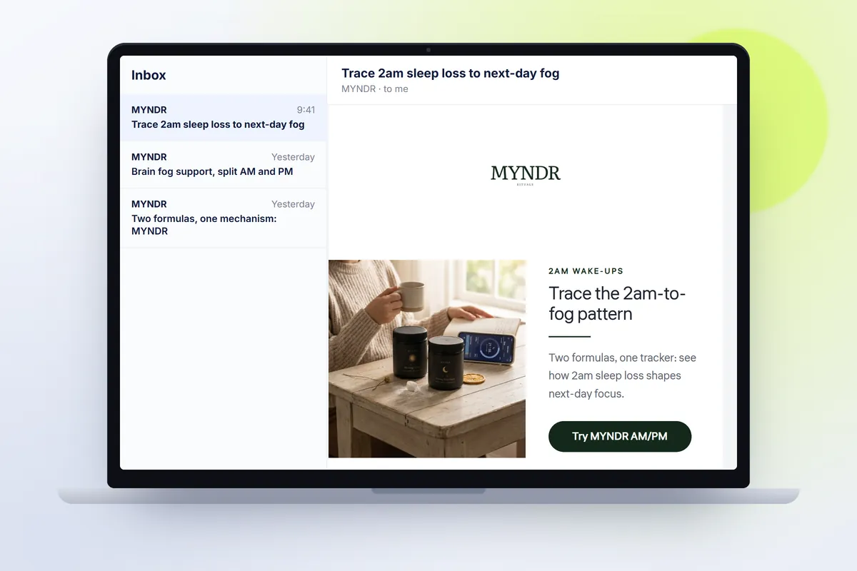 A Myndr inbox on a laptop with three campaign emails Tilly wrote, one of them open