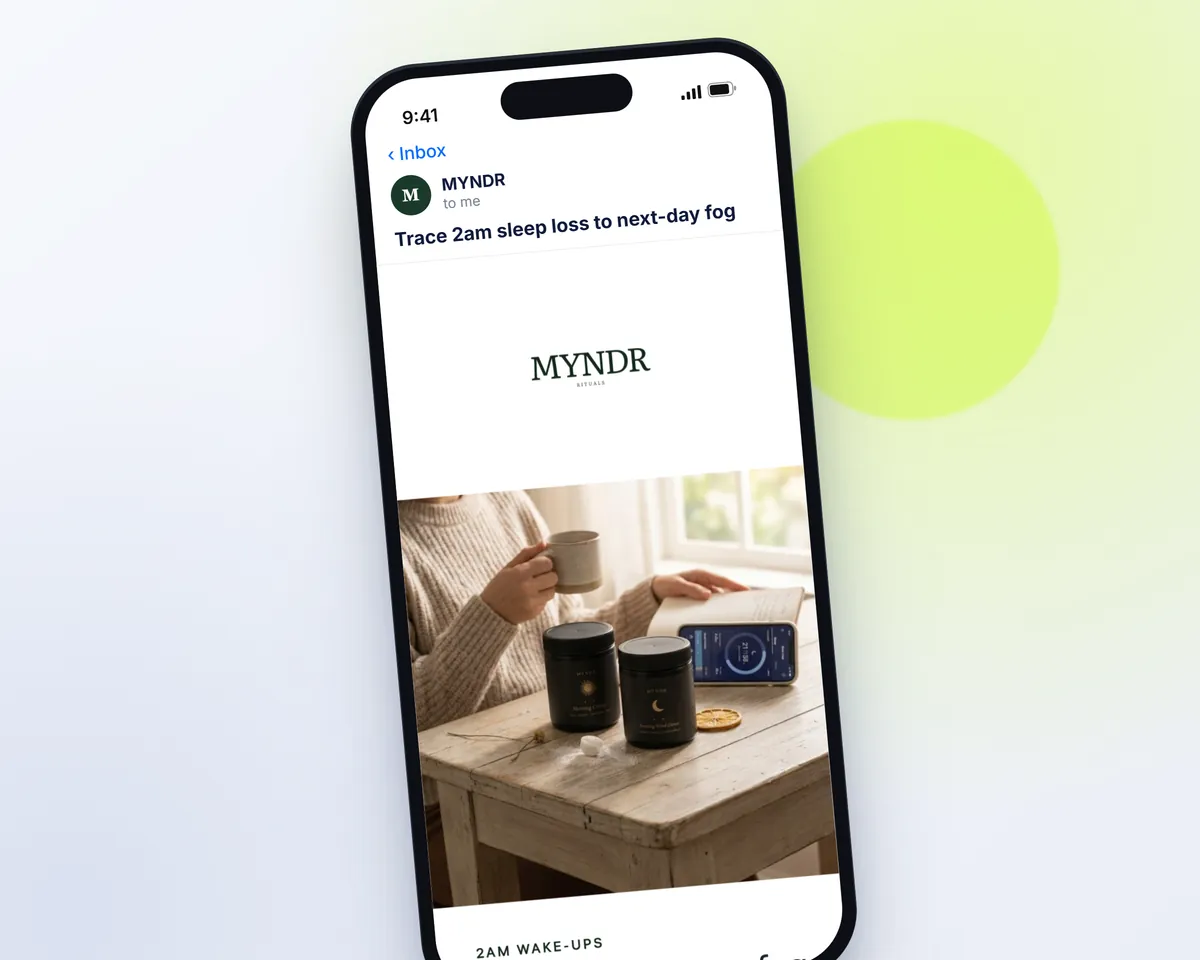 A Myndr campaign email, "AM/PM pattern primer", written by Tilly, on a phone