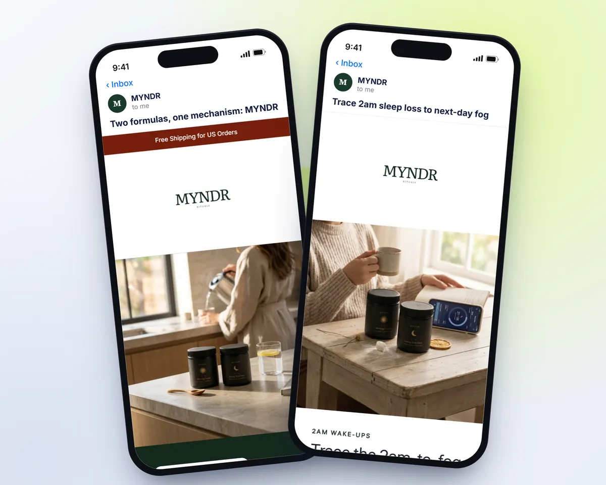 Two Myndr campaign emails written by Tilly, side by side on phones