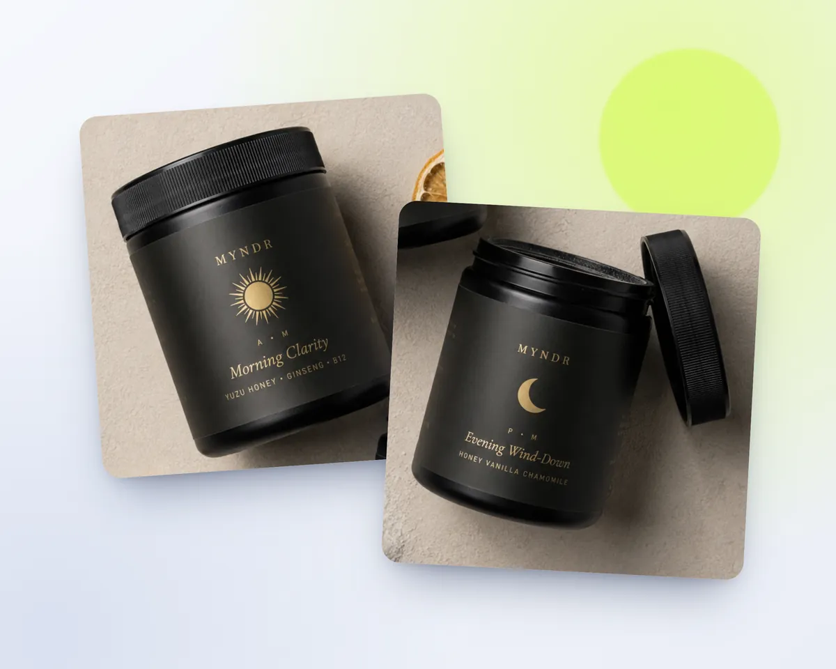 Myndr's own product pictures: its Morning Clarity and Evening Wind-Down jars