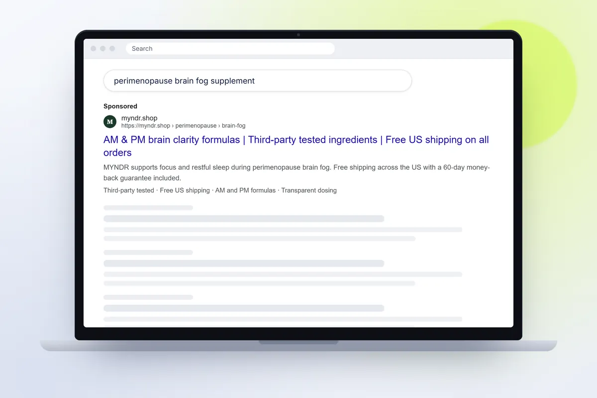 A Myndr Google search ad written by Tilly, shown as a search result on a laptop
