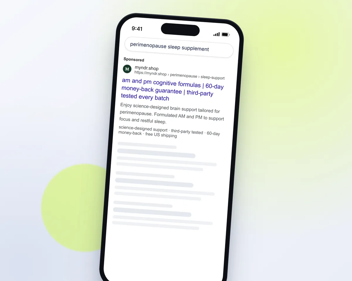 A second Myndr Google search ad written by Tilly, shown as a search result on a phone