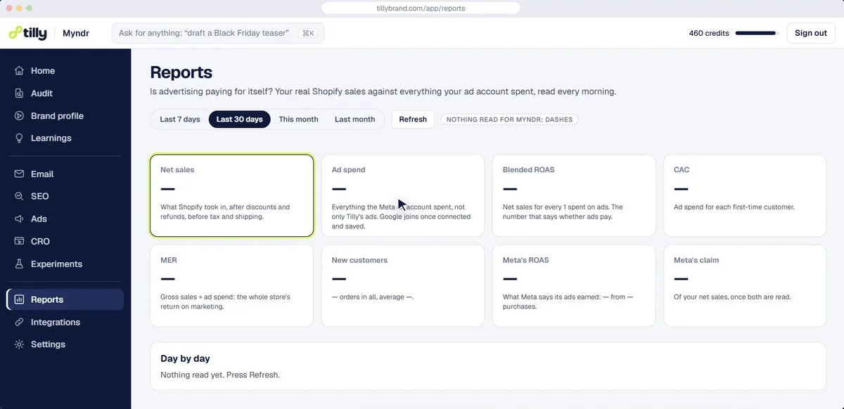 Tilly’s reports beside Shopify reporting apps: net sales, ad spend, blended ROAS and CAC