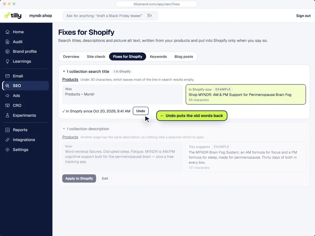 A collection search title applied in Shopify, with Undo