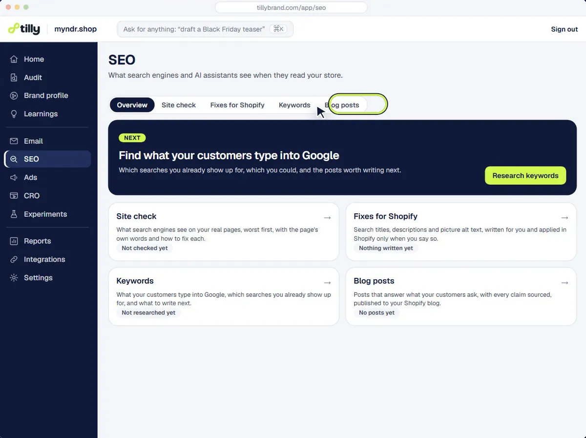 The SEO hub, where the site check finds thin collection pages