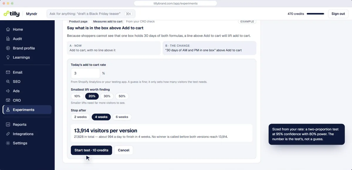 An A/B test sized before it starts, with visitors per version and when to stop