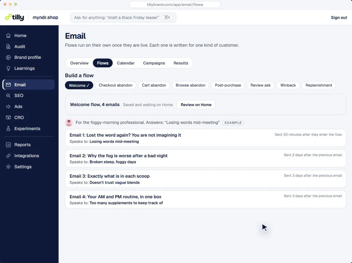 A welcome flow of four emails written for one customer, each with its timing set